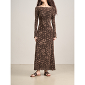 LANVIVIER 群星闪耀东方韵味重工钉珠乌木棕一字肩收腰长袖 连衣裙