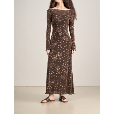 LANVIVIER 群星闪耀东方韵味重工钉珠乌木棕一字肩收腰长袖连衣裙