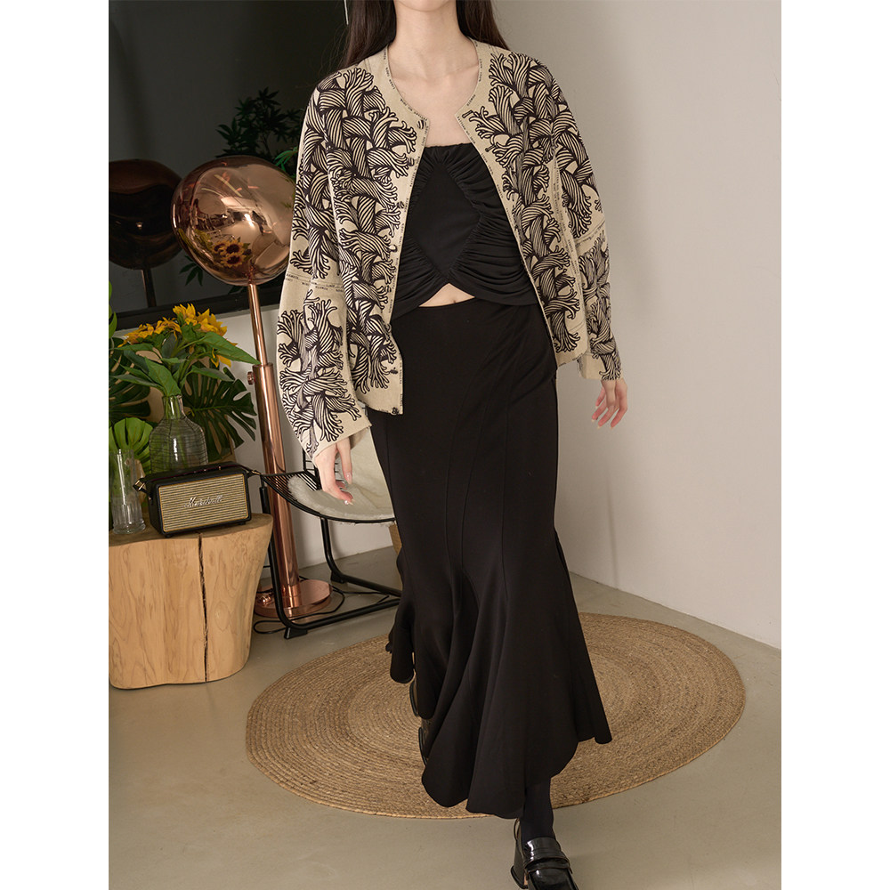 显瘦麻绳印花收腰亚麻外套