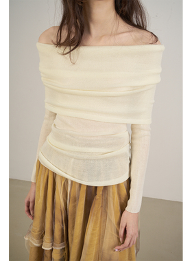 LANVIVIER 优雅两穿一字领露肩长袖弹力修身套头羊毛针织衫秋冬季