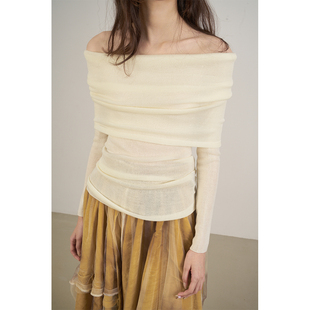 秋冬季 LANVIVIER 套头羊毛针织衫 弹力修身 优雅两穿一字领露肩长袖