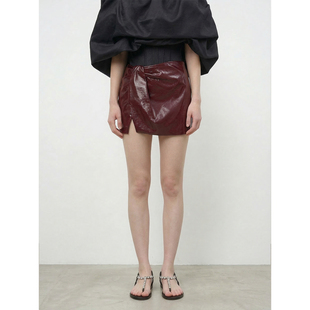 扭结褶皱开叉高腰酒红显瘦A字迷你亮面皮裙 复古 LANVIVIER 美式