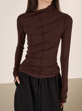 LANVIVIER 不对称肩缝线压骨翻转设计花边领弹力修身保暖打底上衣
