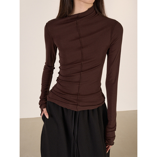 LANVIVIER 保暖打底上衣 不对称肩缝线压骨翻转设计花边领弹力修身