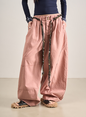 LANVIVIER 世界民族 折叠腰解构拼接阔腿弯刀裤 橡皮粉阔腿牛仔裤