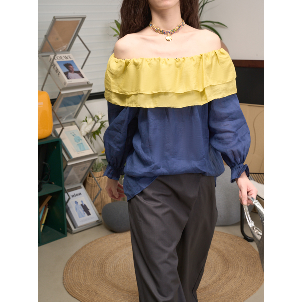 LANVIVIER 法式文艺明媚感 拼接撞色荷叶边一字肩苎麻灯笼袖衬衫