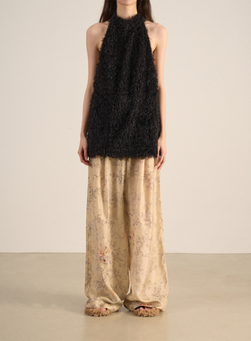 LANVIVIER 早春高贵性感露背黑色长毛绒绒削肩背心 印花阔腿长裤