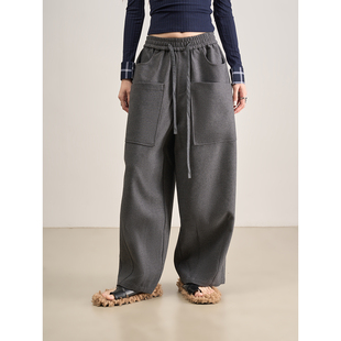 饰松紧高腰抽绳休闲裤 LANVIVIER 薄毛呢拼缝大口袋装 风 时髦工装