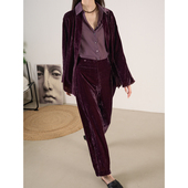 LANVIVIER 套装 文艺神秘气质紫色丝绒披肩外套高腰弧形裤 脚休闲裤