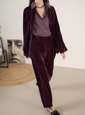 LANVIVIER 文艺神秘气质紫色丝绒披肩外套高腰弧形裤脚休闲裤套装