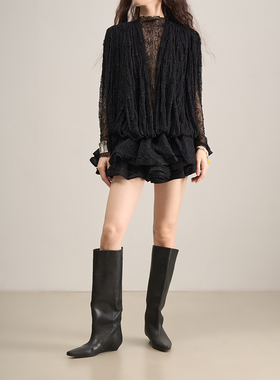 LANVIVIER 神秘冷峻 华丽黑色蕾丝长袖打底背心式蓬蓬连衣裙套装