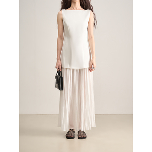 LANVIVIER 出落的美神 利落剪裁收腰飘逸拼纱下摆长款无袖连衣裙