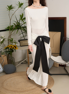 LANVIVIER 优雅迷人 缎面黑色蝴蝶结装饰露背上衣+拖地半裙套装