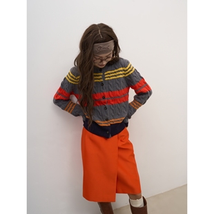 LANVIVIER 真丝羊毛混纺叠片挺括感亮橘色及膝半身裙 靓丽多巴胺