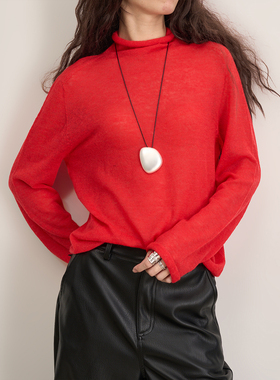 LANVIVIER 超细羊驼绒经典简约烟囱领自然卷边薄款打底针织衫秋冬