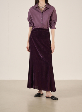 LANVIVIER 薰衣紫色套装 高支棉轻盈衬衫 光泽丝绒高腰长款半身裙