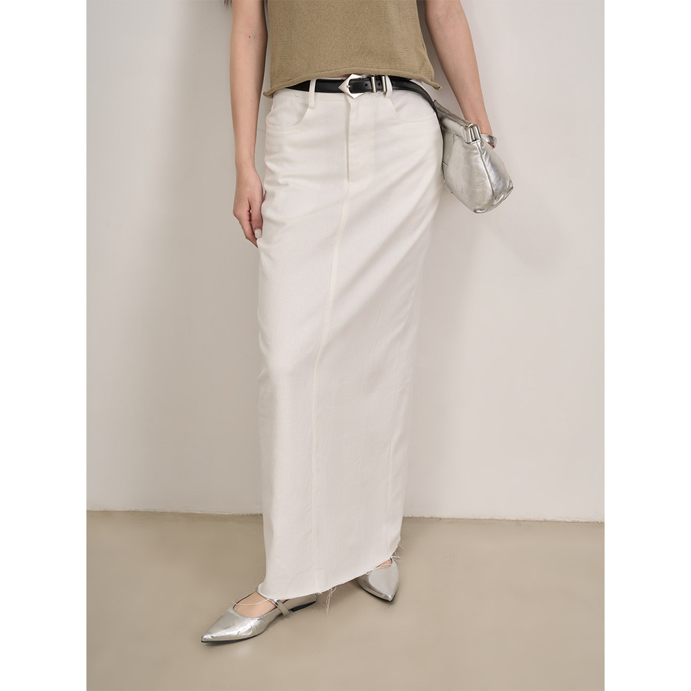 LANVIVIER 写意少女未完成刀切毛须边直筒高腰长款白色牛仔半身裙,女装/女士精品,半身裙,淘宝优惠券,粉丝福利购,淘宝优惠卷