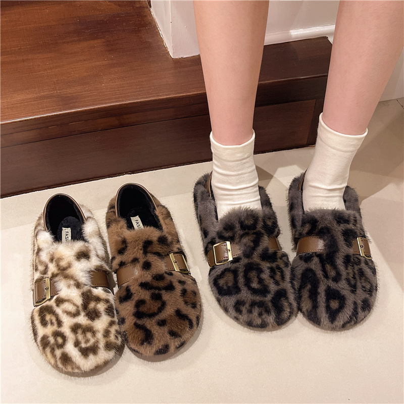 2025新款豹纹搭扣毛毛鞋外穿冬季