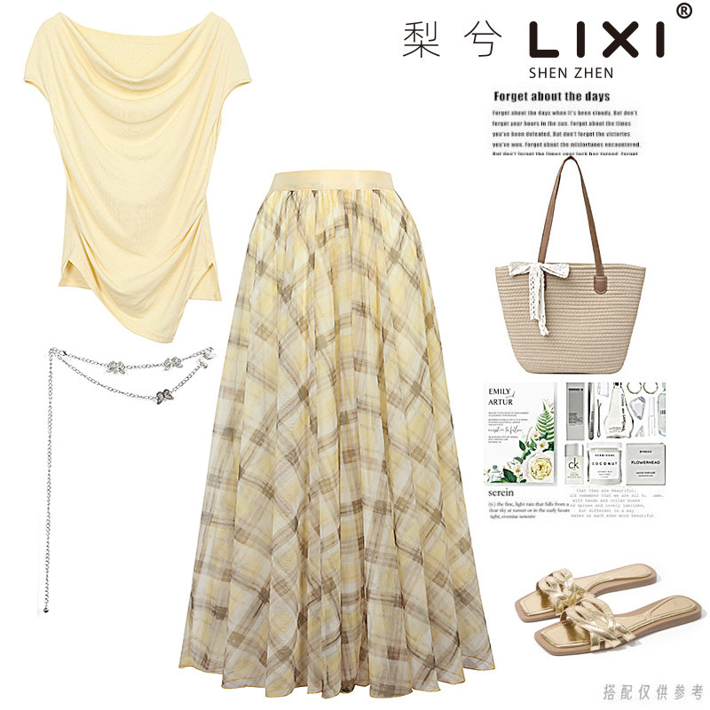 专柜同款温柔修身上衣格子印花网纱半身裙两件套漂亮套装裙配腰链