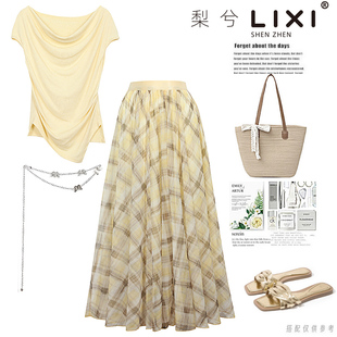 专柜同款温柔修身上衣格子印花网纱半身裙两件套漂亮套装裙配腰链