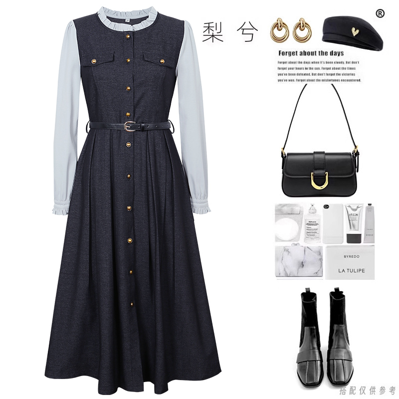 专柜同款秋冬款复古法式花边圆领假两件拼接长袖收腰连衣裙中长裙