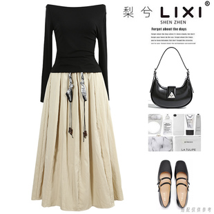 专柜同款秋新款黑色露肩长袖上衣卡其半身裙两件套裙子套装配腰带