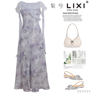 专柜同款温柔唯美印花雪纺连衣裙带披肩飘带好看仙气碎花裙中长款