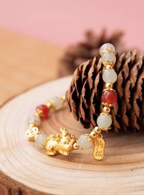 【招才纳福】S925银 和田玉 玛瑙貔貅 手链 新中式 进福