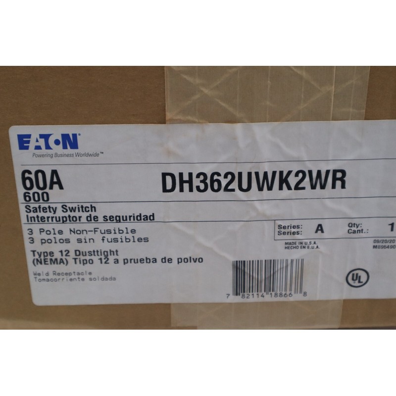 全新 Eaton DH362UWK2WR 60A/3P 高清 非可用性 安全开关 带电源