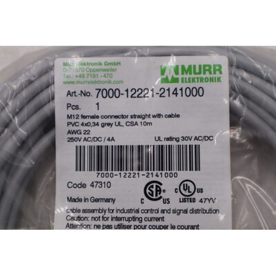 Murr Elektronik 7000-12221-2141000 CORDSET M12 女性直筒库存