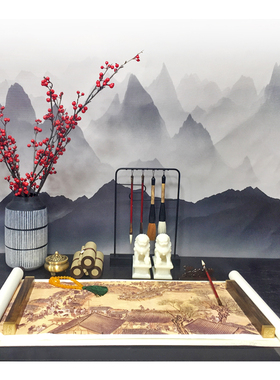 新中式样板房售楼处会所客厅仿古饰品书房书法毛镇尺书画组合摆件