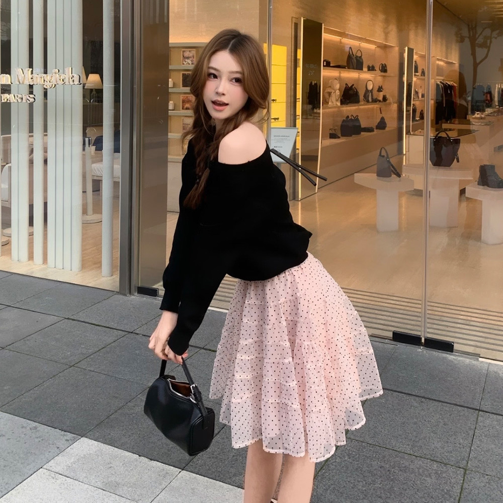 温柔韩系波点网纱半身裙女中长款气质小个子百搭裙子