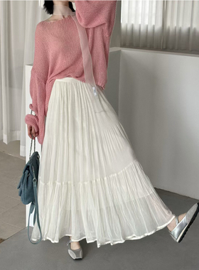 2025新款秋冬季韩系chic轻熟漂亮a字白色大摆百褶半身裙子女