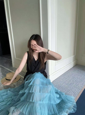 2025新款法式赫本风高级感独特设计感蓝色中长网纱蛋糕半身裙