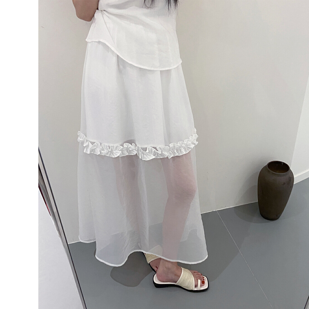 LYX2025新款韩版时尚显瘦中长款A字木耳边拼接透视半身裙女夏