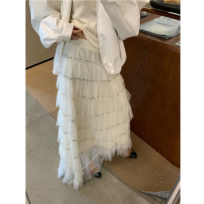 a字亮片白色蛋糕裙半身裙子女冬