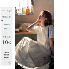 RAINY 重工甜美小飞袖连衣裙夏季女法式镂空蕾丝中长款花边裙子