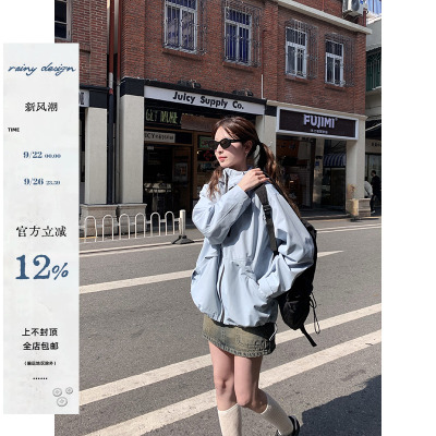 RAINY 防风抽绳连帽纯色户外夹克春秋女登山服工装机能口袋短外套