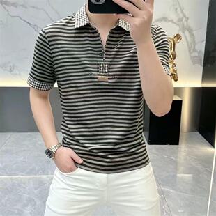 高端条纹短袖polo衫男款2026新款夏季刺绣半拉链商务男士短袖T恤