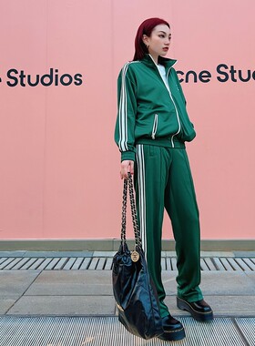 【CMOD】复古拼色立领宽松夹克休闲长裤运动套装青椒绿