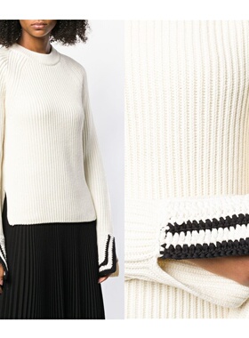 【CMOD】喇叭钩花开衩袖口圆领粗棒针毛衣经典黑白女