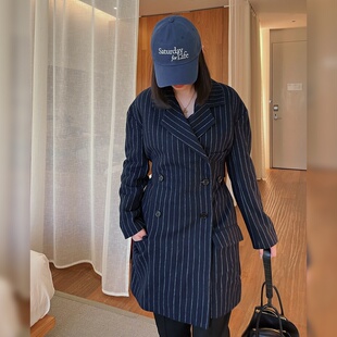 领 现货藏青条纹双排扣腰带收腰羊毛呢短大衣西装 CMOD