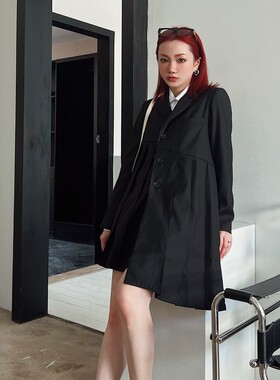 【CMOD】奇妙少女时髦不对称错位宽百褶拼接长款西装外套