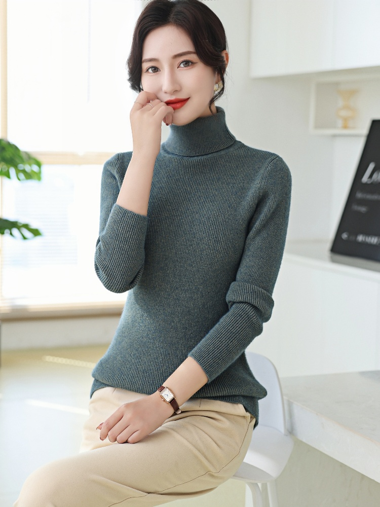 双鹿女式羊毛衫高领新秋冬款修身打底百搭显瘦针织衫加厚毛衣灰绿