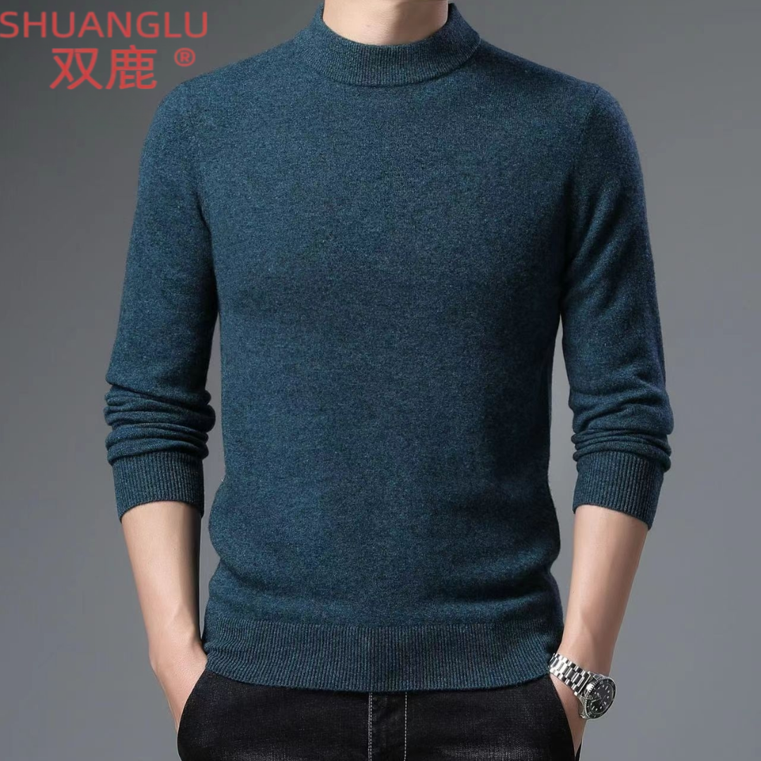 双鹿羊毛衫男士半高领100%羊毛针织衫秋冬款保暖打底纯色毛衣白色