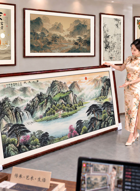 新款高端实木画框挂画办公室聚宝盆鸿运流水家用家和客厅山水国画