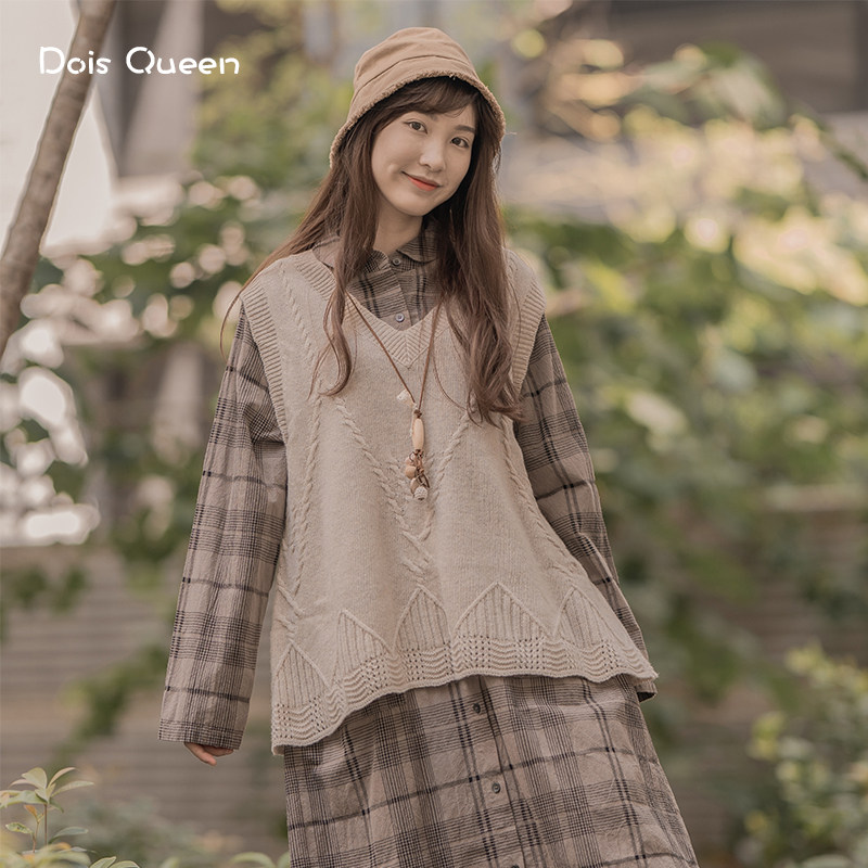 DoisQueen彩后台北套头V领麻花纹羊毛背心纯色休闲慵懒风文艺复古