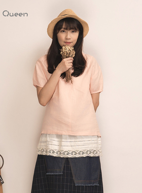 DoisQueen彩后台北V领缩袖亚麻上衣休闲舒适薄款设计感百搭清新