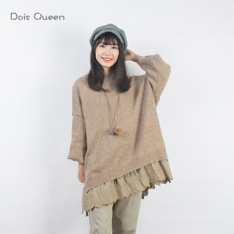 DoisQueen彩后台北蕾丝拼接圆领羊毛毛衣连衣裙小个子慵懒风气质