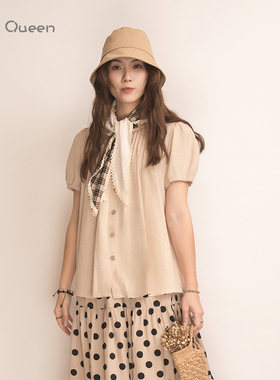 DoisQueen彩后台北荷叶褶皱排扣苎麻短袖杏色上衣女日系复古森系
